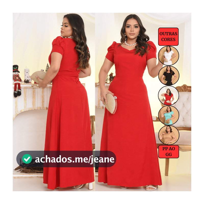 Vestido Longo Liso Feminino Básico Manga Laço Crepe Moda Evangélica Rodado Preto Vermelho Natal