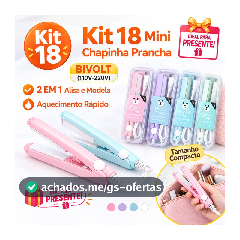 ✨ Atacado Kit 3/18 Chapinha Bivolt Estojo Viagem |  Revenda Brinde Corporativo | Prancha Portátil Pequena Presente