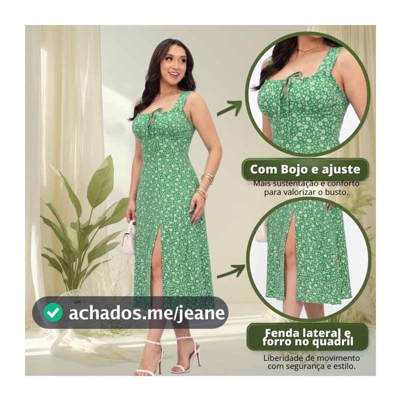 Vestido Midi Floral Fenda Frontal Laço Decote Disponivel no M e G - Feito do Tecido Duna Alça Grossa