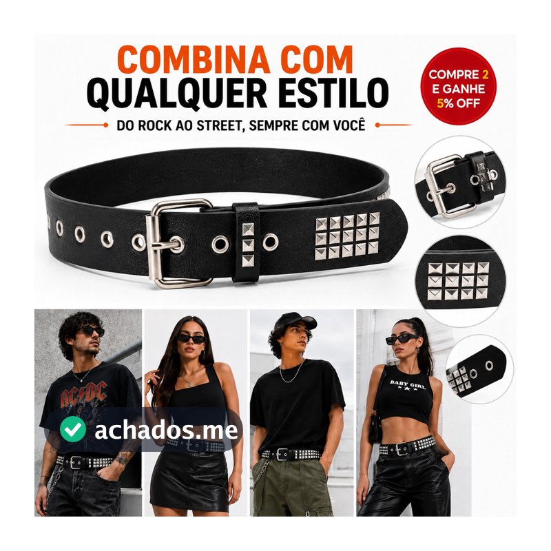Cinto Punk Feminino Preto com Rebites Quadrados para Calça Jeans Vestido e Shorts