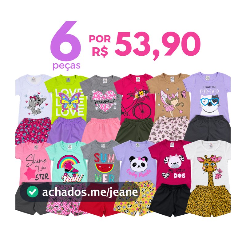 Kit 6 ou 4 Peças Verão Roupa Menina Infantil 3 ou 2 Camiseta e 3 ou 2 Shorts/Bermudas Conjuntos Sortidos 3 ou 2 Conjunto