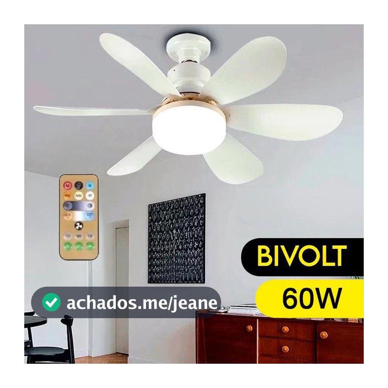 Ventilador de Teto com Lampada LED Integrada Bocal E27 6 Pétalas 60w 3 Velocidades C Controle Remoto