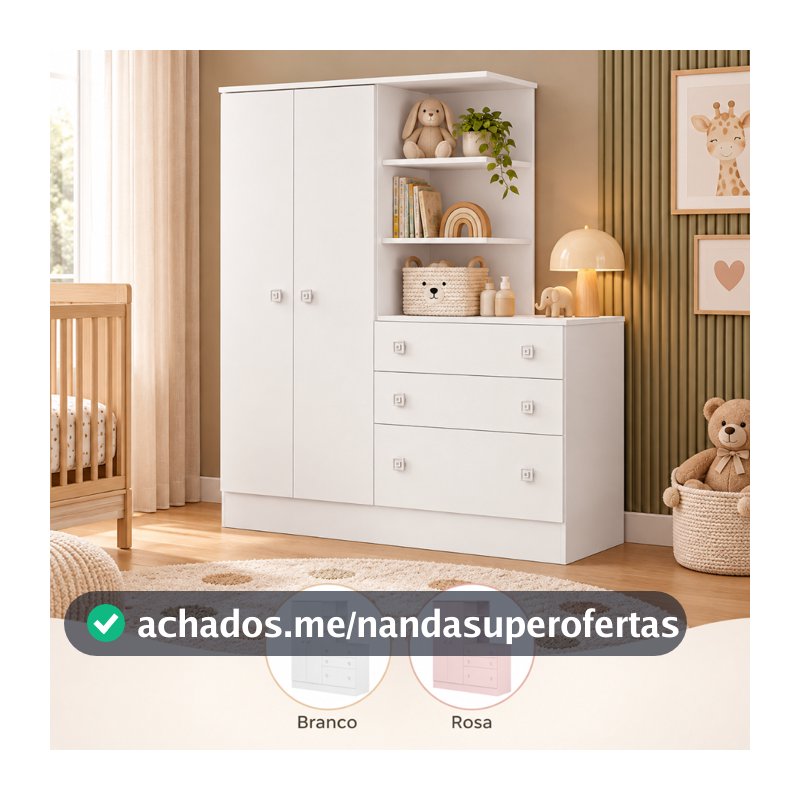 Guarda Roupa Infantil com Cômoda 3 Gavetas Quarto de Bebê Doce Sonho MDP Qmovi