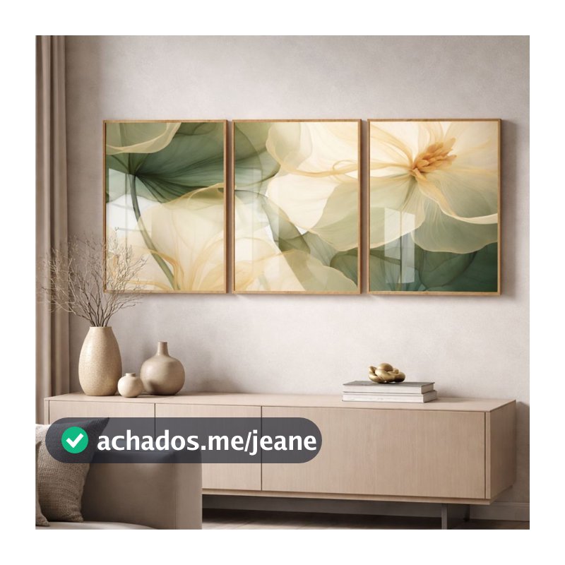 Kit de Quadros Decorativos 3 Peças Grandes Flor Verde Bege Abstrata Decoração Quarto Sala Escritório