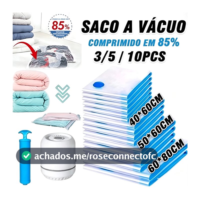 KIT 3/5/10 Saco a Vácuo com ou sem Bomba Manual para Roupas Organização Mala Viagem Guarda Roupas