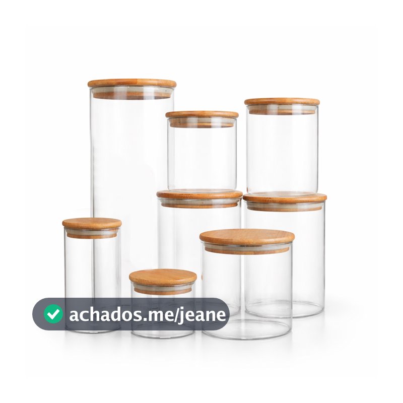 Kit Potes De Vidro Tampa De Bambu Recipiente de Armazenamento Vários Tamanhos Transparente