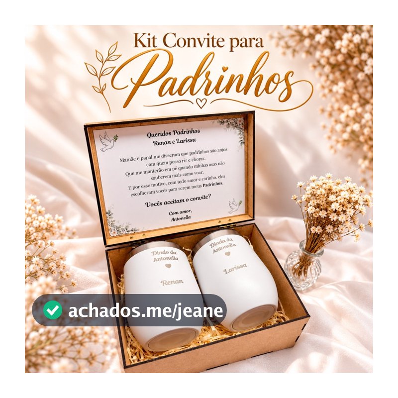 Kit Convite Personalizado para Padrinhos de Batismo ou Casamento com Copos Térmicos 350ml e Caixa MDF