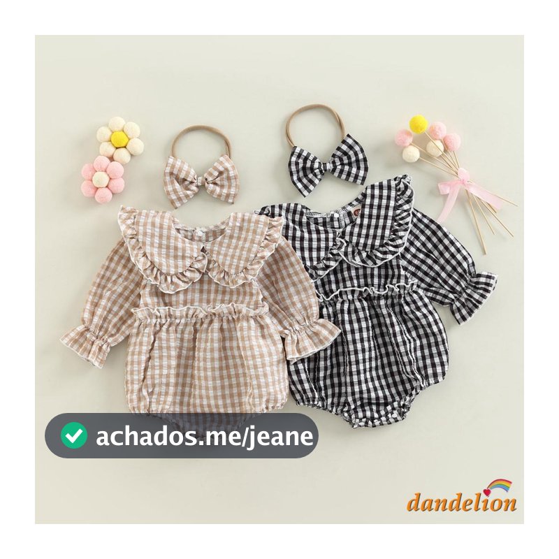 Dandelion-0-18 Meses Baby Girl Fall Outfit , Colarinho De Boneca Xadrez Manga Longa Romper Macacão + Faixa De Cabelo,Conjunto de Outono para  bebês Menina