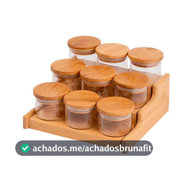 Kit 9 Potes Hermético 110ml com Tampa de Bambu E Rack Organizador de Bambu - Oikos