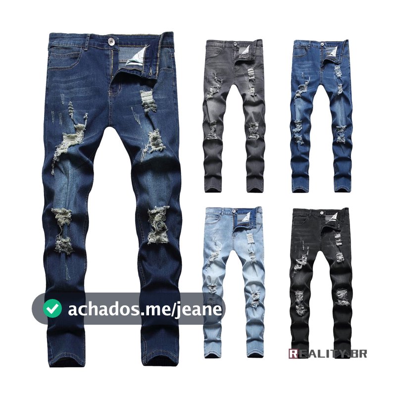 Calça Jeans Masculina Casual Skinny Slim Fit Rasgado Afligido Perna Reta