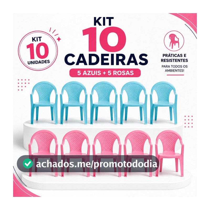 Kit 10 Cadeira Infantil Azul Rosa Plástico Resistente EmpIlhável Criança Escola Festas Creche Forte