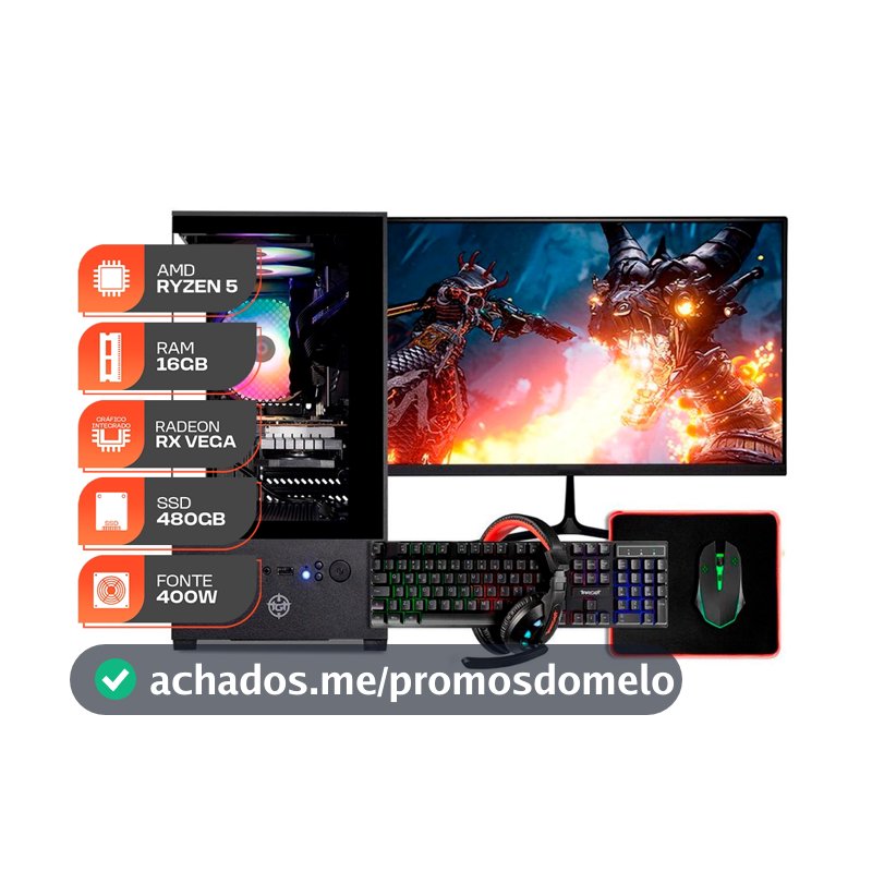 PC Gamer Forge, AMD RYZEN 5 3400G, 16GB DDR4, SSD 480GB, 400W 80 Plus, Completo com Monitor 21 e Periféricos