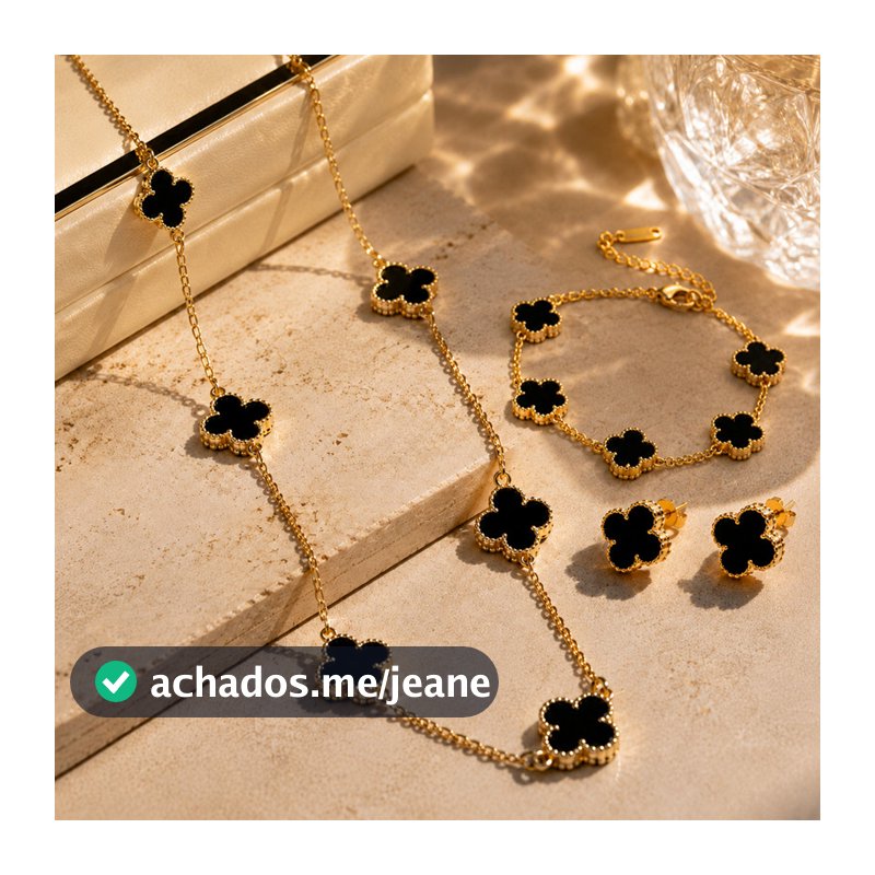 Conjunto de Joias Femininas Trevo Preto Colar Pulseira Anel Dourado Elegante Moda