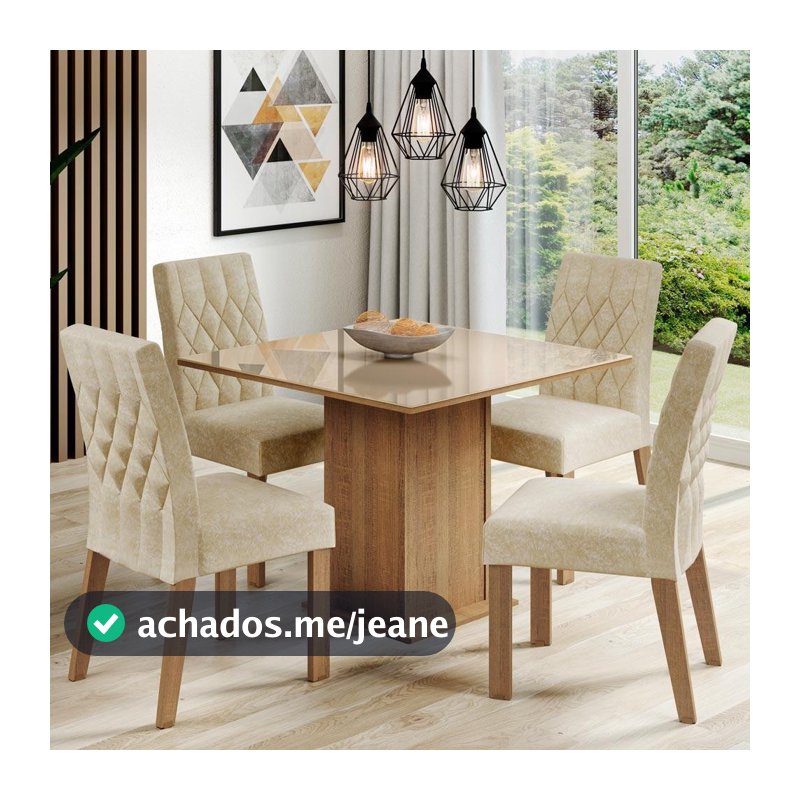 Conjunto Sala de Jantar Mesa Tampo de Vidro com 4 Cadeiras Rustic/Crema/Imperial Madesa Brenda