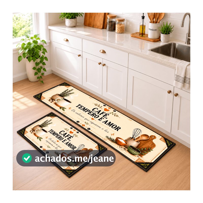 Kit 2 Tapetes para Cozinha Antiderrapante Passadeira 120x40 + Tapete 60x40 Poliéster Decorativo Café Várias Estampas