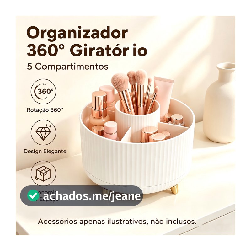 Organizador de Maquiagem 360° Giratório 5 Compartimentos, Porta Pincel Cosméticos Skincare para Penteadeira