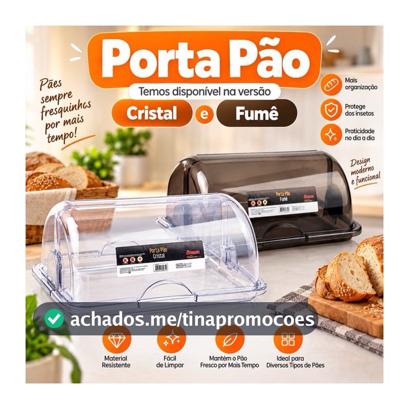 Porta Pão Transparente Cristal Ou Fumê Tampa Basculante Organizador De Cozinha Conserva o Pão Doces