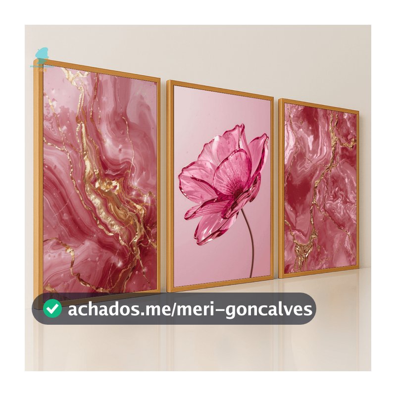 Quadros Decorativos Trio Flor Rosa Mármore Rosa Dourado Moderno Sala Quarto