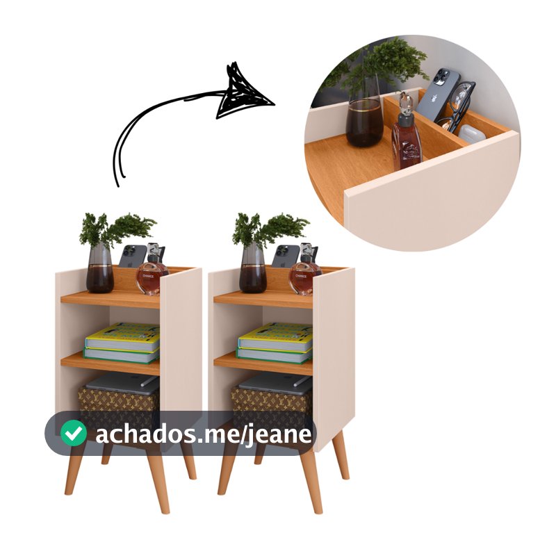 Conjunto 2 Mesas de Cabeceira Compacta com Pés Retrô Nicho e Prateleira MAx
