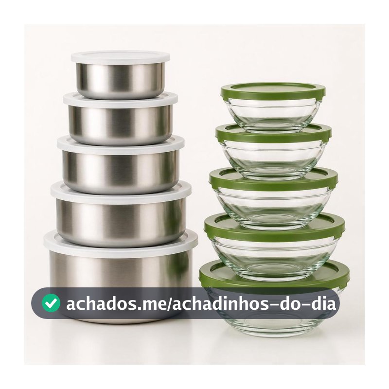 Kit 10 Potes Herméticos 5 Vidro Tigela + 5 Pote Inox com Tampa para Armazenar Alimentos Organizador de Cozinha