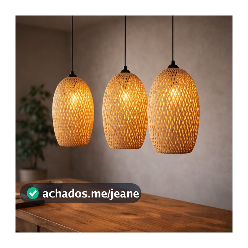 Kit 3 Luminárias de Teto 23x36cm Lustre Pendente Bambu Saint Martin Rústico Trançado Artesanal Sala