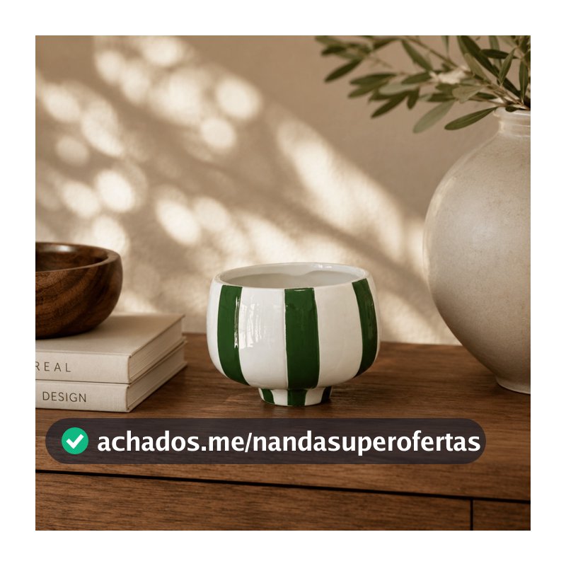 Vaso de Cerâmica Decorativo Cachepot Bowl Baixo Listrado Verde Escuro e Branco 15X15X11CM