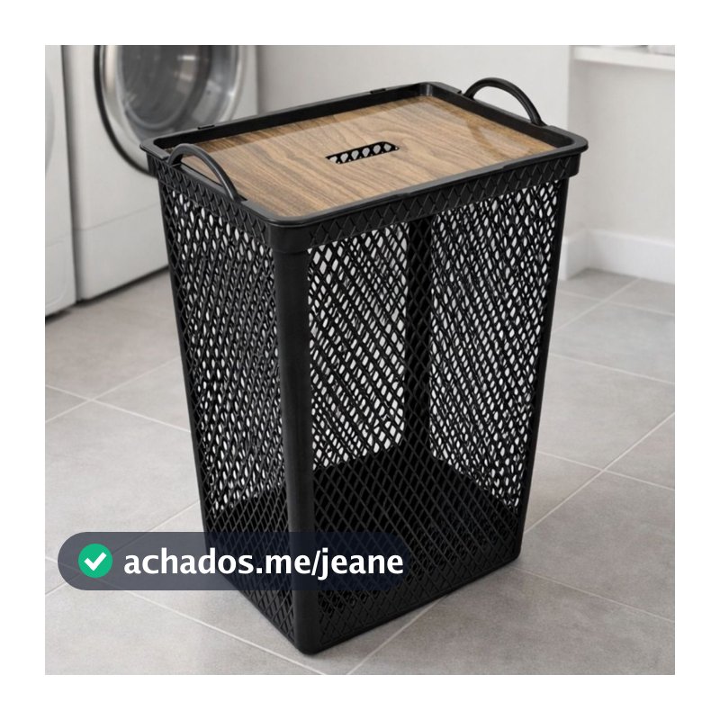 Cesto De Roupa Suja Com Tampa Grande 49L Preto Telado P/ Banheiro Lavanderia De Canto Organizador Multiuso - Plástico