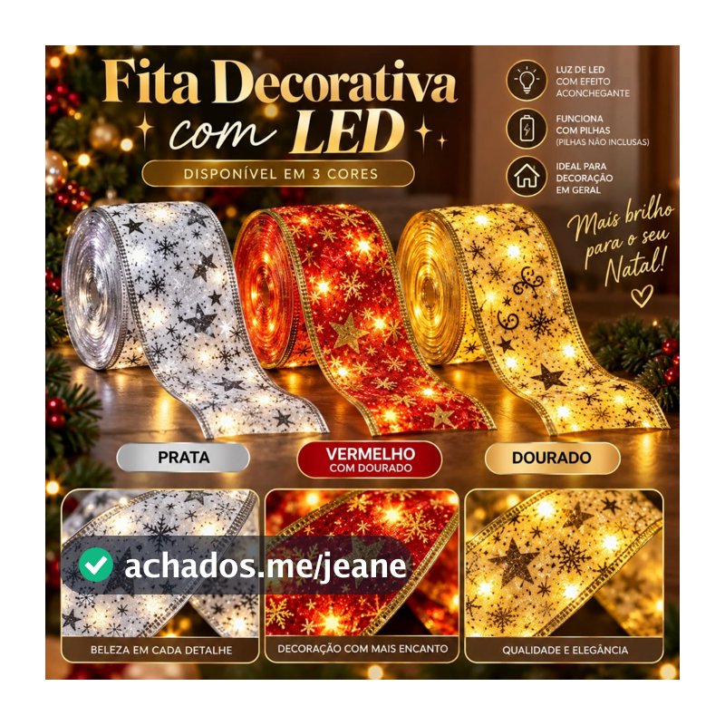 Fita De Natal Aramada com Luzes Decoração Natalina Árvore Laços Com LED Para Presente 4 metros Vermelha Dourada e Prata
