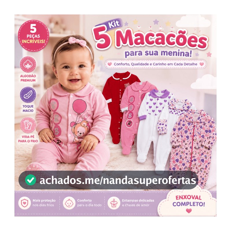 Kit 5 Macacões Bebê Menina Algodão Vira Pé Inverno Estampado Macio Confortável Enxoval