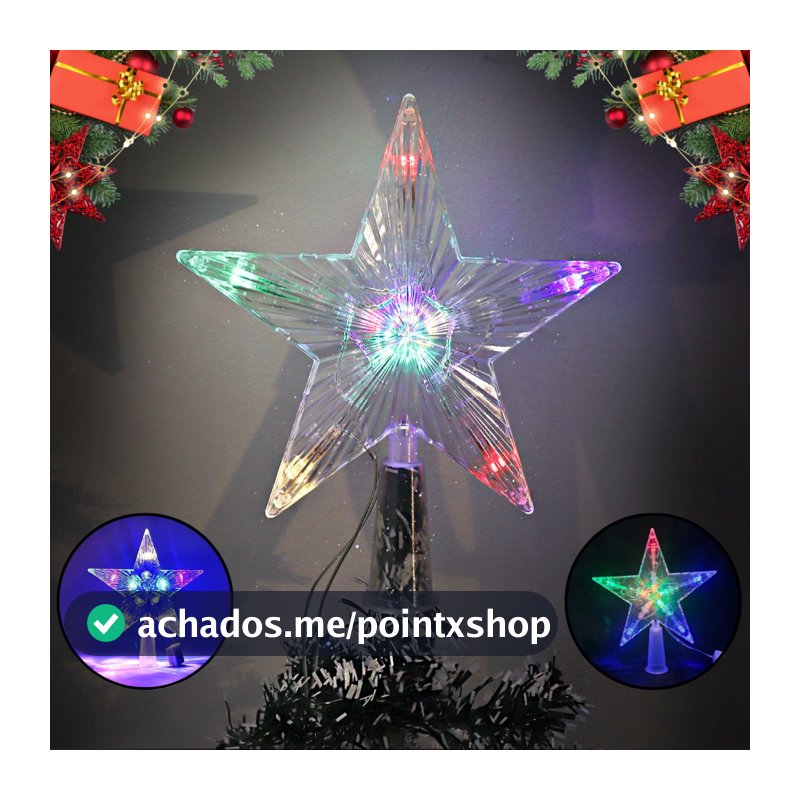 Estrela Ponteira Árvore de Natal Com LED Colorido Pisca Pisca Decorativo 15cm 127V Decoração Natal