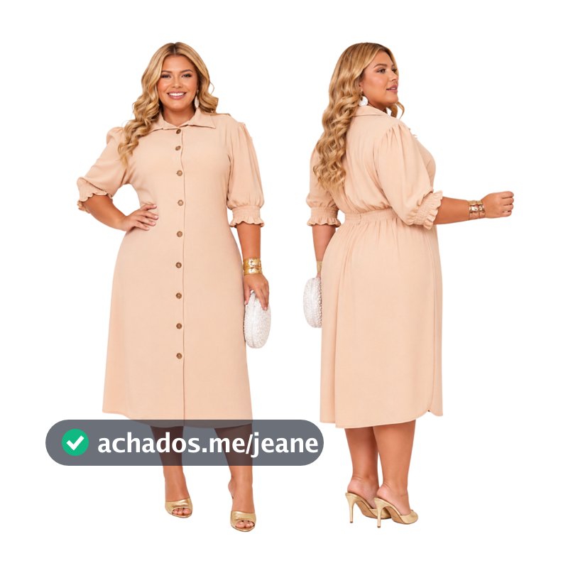 Vestido Chemise Feminino Plus Size Midi Botões Frontais Manga Bufante Luxo e Elegancia