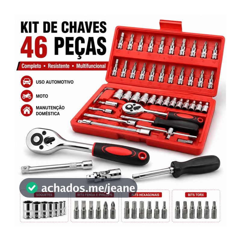Kit De Ferramentas 46 Peças Jogo De Soquetes Chave Catraca Reversível Com Maleta Jogo De Ferramentas Completo