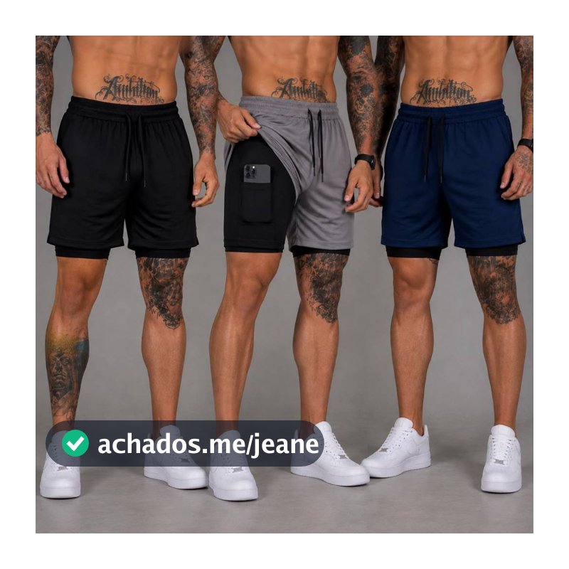 Kit 3 Shorts Bermuda 2 em 1 Masculino Dry Fit Compressão Fitnes Bolso Celular Academia Treino Corrida Plus Size PP ao G2