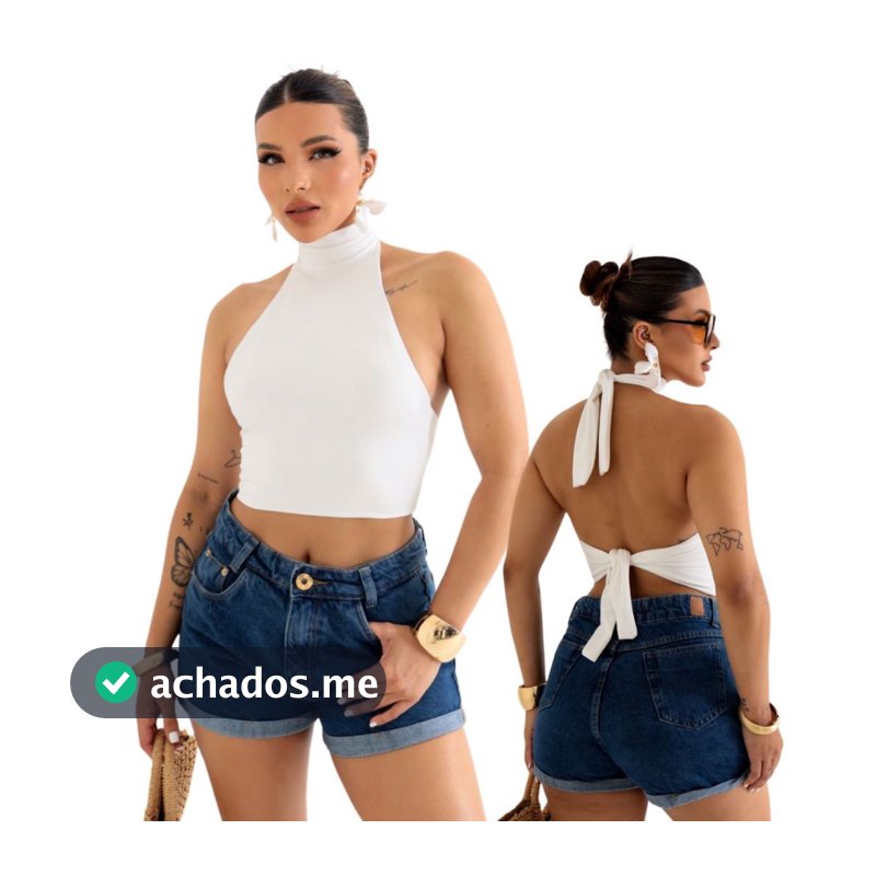 Blusa Cropped Frente Única Gola Alta Costa Nua Com Amarração Duplo Poliamida  Moda Básica Estilosa