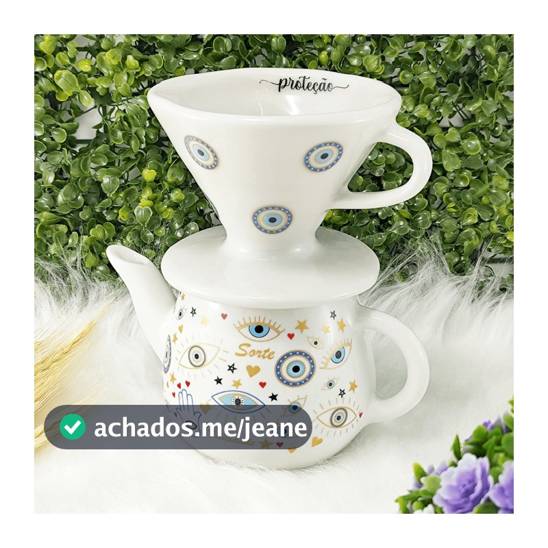 Kit Bule De 500 ml Branco + Coador Filtro de Porcelana Olho Grego Mesa Café Mesa Posta