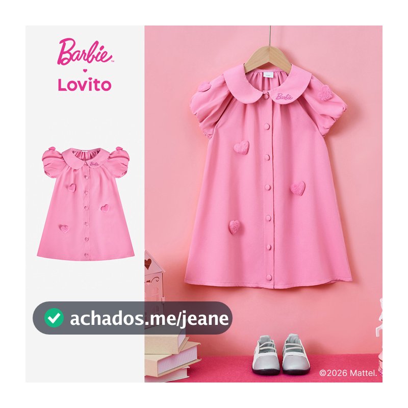 Barbie™ X Lovito Kids Vestido Rosa Primavera/verão com Bordado de Coração para Menina DRBL2PAD004