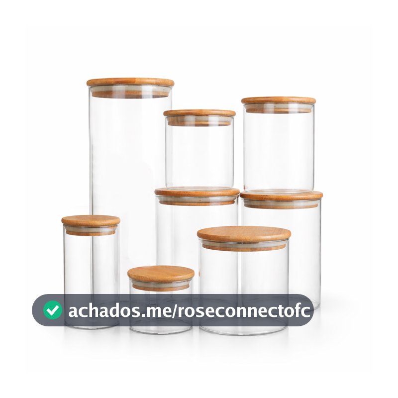 Kit Potes De Vidro Tampa De Bambu Recipiente de Armazenamento Vários Tamanhos Transparente