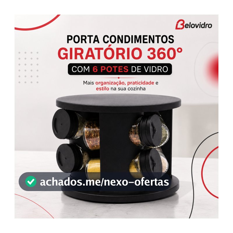 Porta Condimentos Giratório 360° com 6 Potes de Vidro – Organizador de Temperos Cozinha Preto