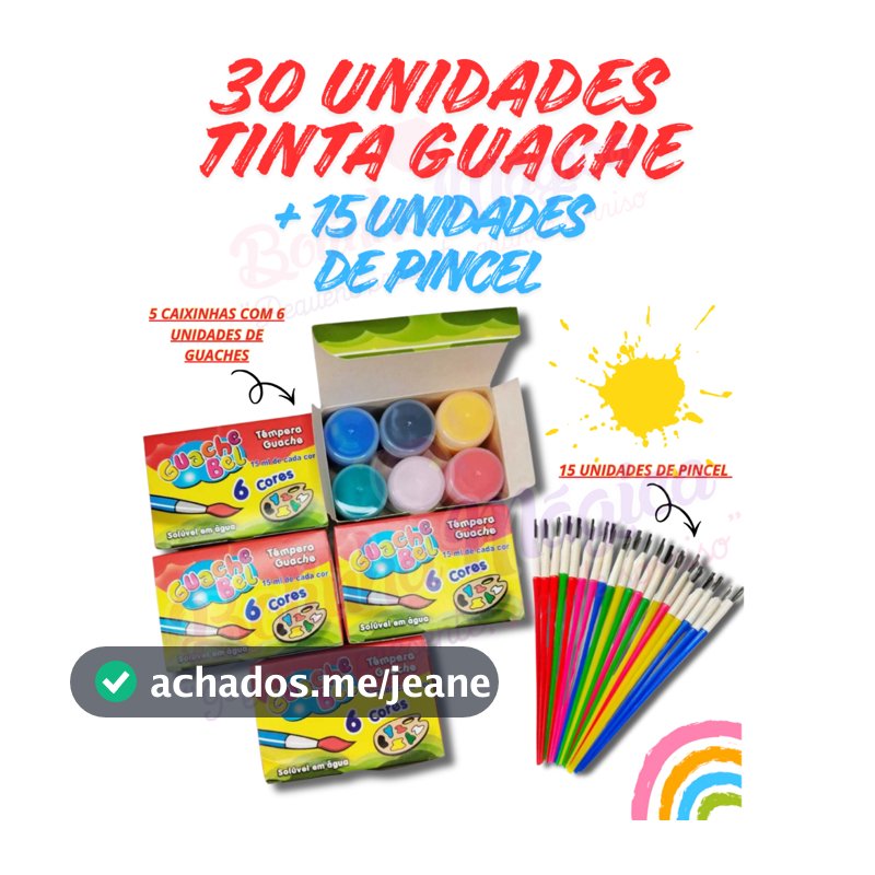 Kit  30 Unidades Tinta Guache15ml + 15 Unid. Pinceis Pintura Aquarela Escolar Lembrancinha Infantil