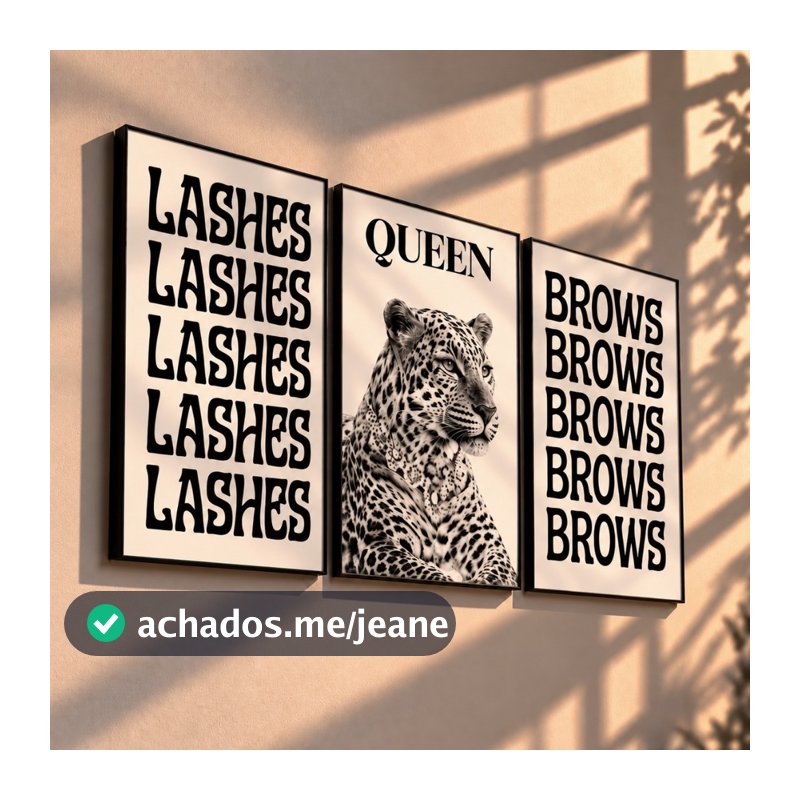 Quadros Decorativos Cílios Sobrancelhas Queen Leopardo Kit Studio Beleza Maquiagem Salão (3 peças)