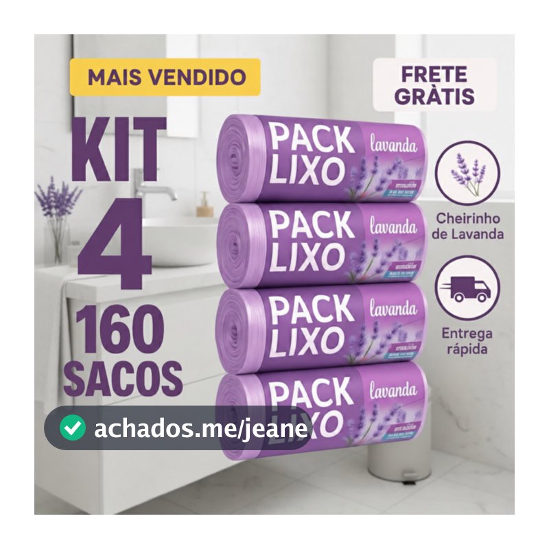Kit 4 Sacos de Lixo Perfumados Lavanda | 160 Sacos | Pia e Banheiro | 34x38cm | Neutraliza Odores