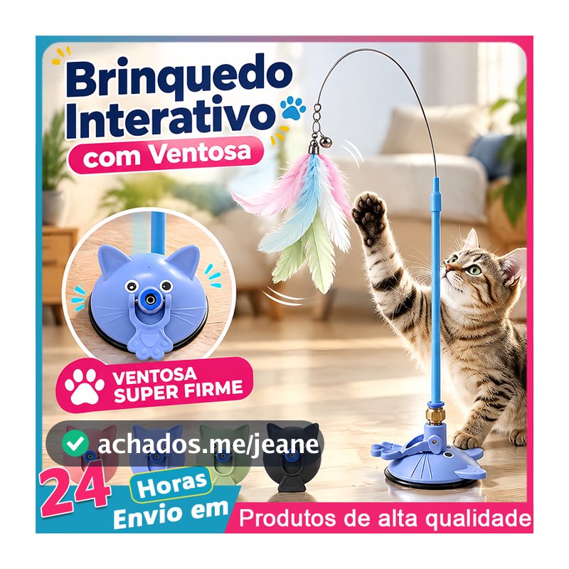 Brinquedo Interativo para Gatos Varinha com Pena e Sino Ventosa Fixa no Piso Estimula Caça