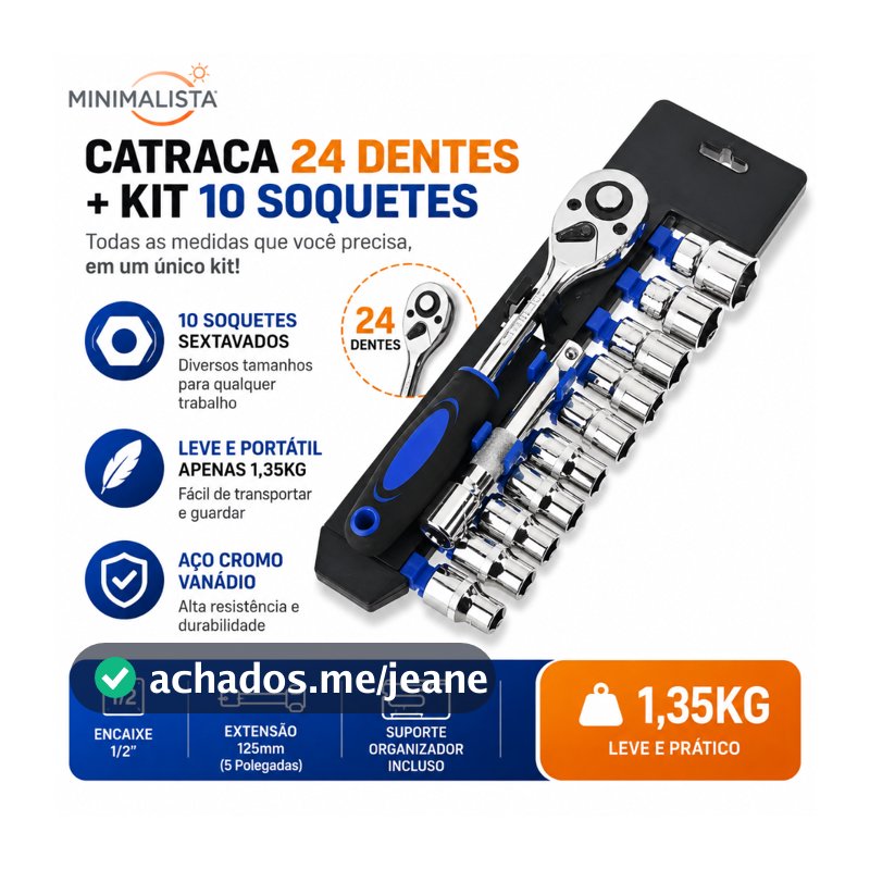 Chave Catraca 1/2 com Jogo de Soquetes Sextavados 12 Peças e Extensão - Profissional