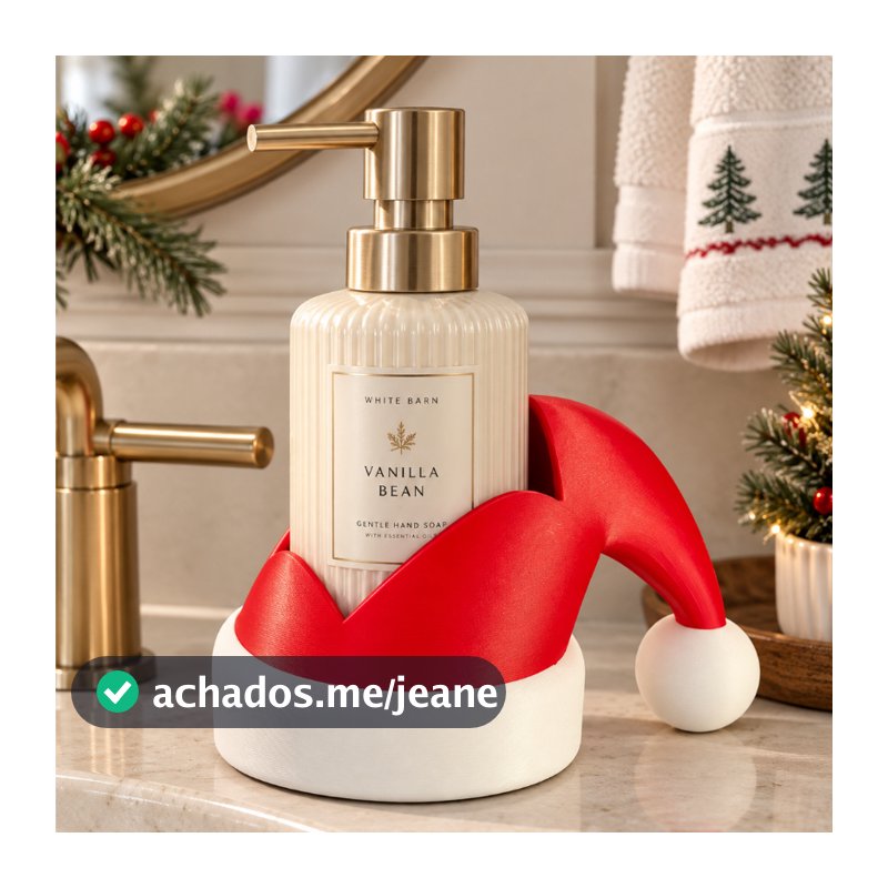 Dispenser de Sabão ou Detergente Natalino Touca Papai Noel Porta Sabonete Líquido Decoração de Natal
