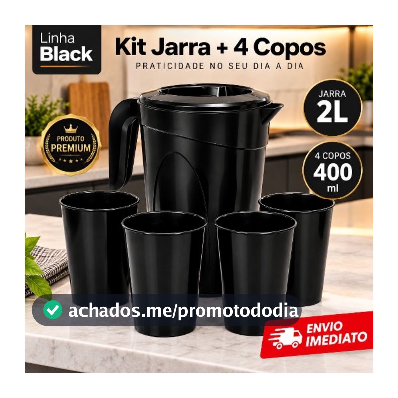 Kit Completo Jarra 2L + 4 Copos Plástico Premium Resistente Prático Cozinha Preto