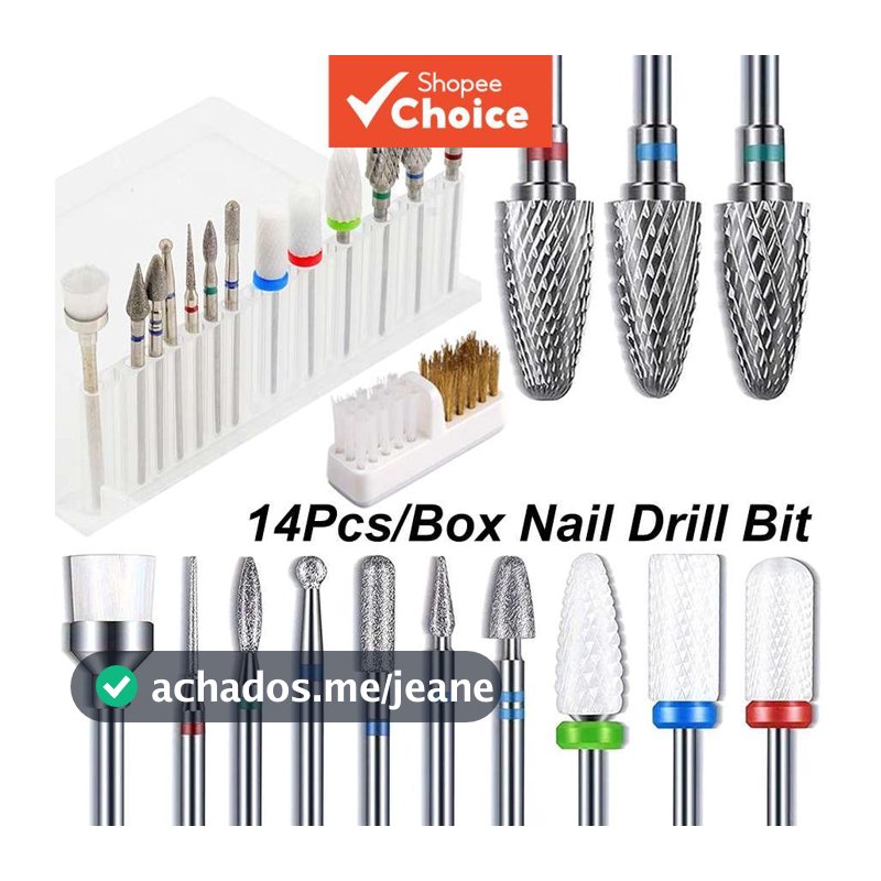 Conjunto de 14 peças com brocas e escovas 3/32 para unhas – remoção de cutículas em gel acrílico para manicure/pedicure