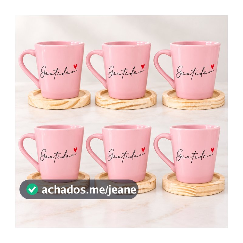 Kit 6 Xicaras / Canecas Porcelana Rosa 120ml C/ Pires De Madeira Redondo Gratidão Spot