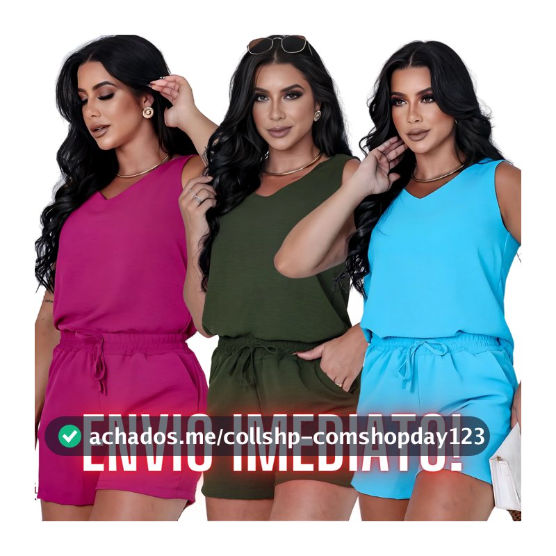 Conjunto Feminino Blusa Regata e Short Com Bolso Cintura Alta Duna Não Amassa Verão