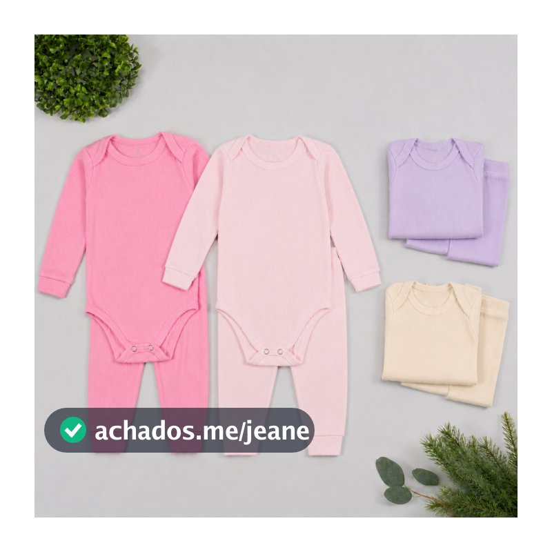 Kit 4 Peças Bebê Enxoval Menina | 2 Body Manga Longa + 2 Calça Mijão Pagão | Canelado RN ao GG