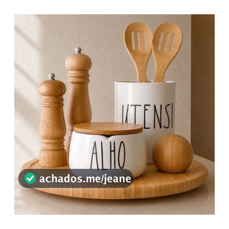 KIT COZINHA COM 6 PEÇAS - BANDEJA GIRATÓRIA PORTA UTENSÍLIOS MOEDOR DE PIMENTA PORTA ALHO SALEIRO